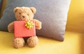 Close Ã¢â¬â up teddy bear. Teddy bear and yellow gift box with Pillow.